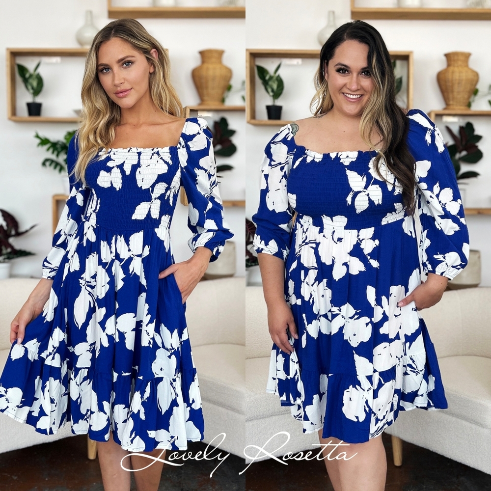 Floral Blue and White Ruffle Hem Dress